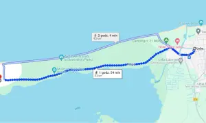 Mapa z trasą pieszą z Łeby na Wydmę Łącką, z zaznaczonymi atrakcjami.