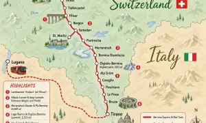 Mapa trasy Bernina Express: od Chur do Tirano, z opcją autobusu do Lugano. Poznaj atrakcje i zaplanuj podróż.