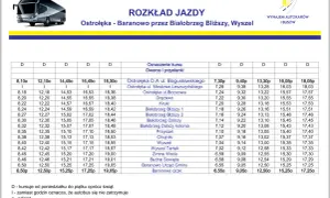 Rozkład jazdy dworzec Ostrołęka - Baranowo przez Białobrzeg Bliższy, Wyszel. Autobusy kursują od poniedziałku do piątku.