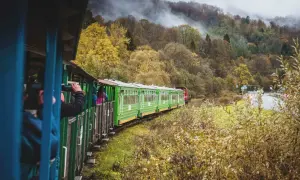 Zielony pociąg PKP Ustrzyki Dolne w jesiennym krajobrazie. Turyści podziwiają widoki, sprawdzając rozkład jazdy.