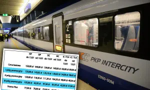 Pociąg PKP Intercity na peronie, z widocznym cennikiem biletów.