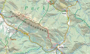 Mapa turystyczna z Krakowa do Ustrzyk Górnych, ukazująca Połoninę Caryńską i szlaki Bieszczad.
