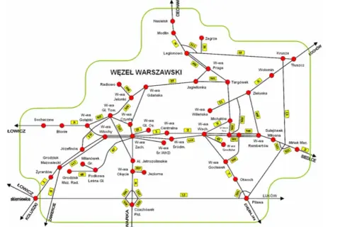 Mapa węzła warszawskiego z zaznaczonymi trasami, m.in. ic batory trasa.