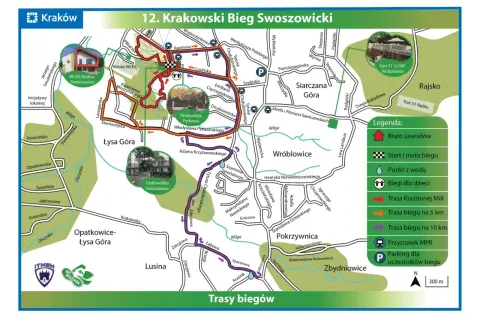Mapa tras 12. Krakowskiego Biegu Swoszowickiego. Pokazuje dojazd do Swoszowic, punkty startu i mety, punkty z wodą, parkingi i przystanki MPK.