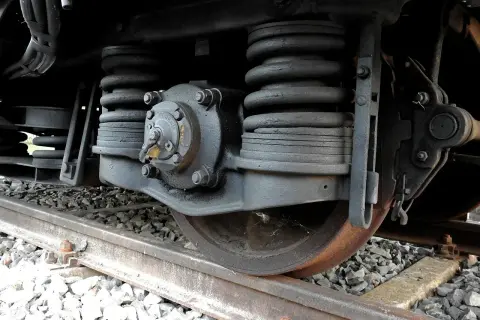 Zbliżenie na mechanizm koła kolejowego, sprężyny i elementy układu hamulcowego. To kluczowe dla skrócenia drogi hamowania pociągu.