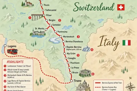 Mapa trasy Bernina Express: od Chur do Tirano, z opcją autobusu do Lugano. Poznaj atrakcje i zaplanuj podróż.