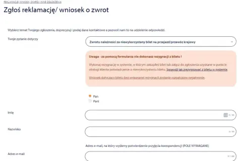 Formularz zgłoszenia reklamacji/wniosku o zwrot biletu InterCity, z polami do wpisania danych.