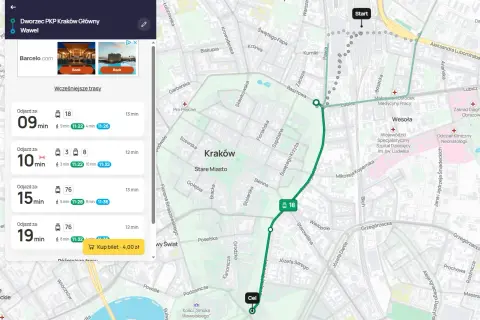 Jak dojechać z dworca w Krakowie do Prokocimia? Mapa pokazuje trasę tramwajem linii 18, czas przejazdu 13 minut.