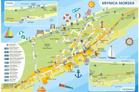 Mapa Krynicy Morskiej z zaznaczonymi atrakcjami, portami i ścieżkami. Widać tu m.in. plaże, latarnię morską, park linowy i miejsca do wypoczynku. Brak tu jednak informacji o **krynica morska pociąg**.