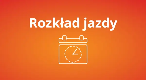 Biały napis "Rozkład jazdy" nad ikoną kalendarza z zegarem. Idealny, gdy zmiana rozkładu jazdy PKP wymaga szybkiego sprawdzenia.