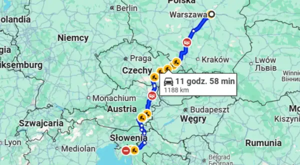 Trasa z Warszawy przez Czechy, Austrię i Słowenię do Włoch. Podróż trwa 11 godz. 58 min, dystans 1188 km.