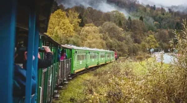 Zielony pociąg turystyczny mija jesienne lasy w drodze do Soliny.