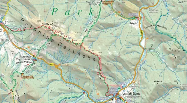 Mapa turystyczna z Krakowa do Ustrzyk Górnych, ukazująca Połoninę Caryńską i szlaki Bieszczad.