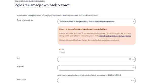 Formularz zgłoszenia reklamacji/wniosku o zwrot biletu InterCity, z polami do wpisania danych.