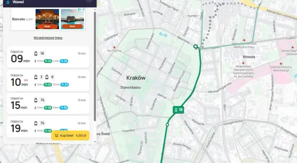 Jak dojechać z dworca w Krakowie do Prokocimia? Mapa pokazuje trasę tramwajem linii 18, czas przejazdu 13 minut.