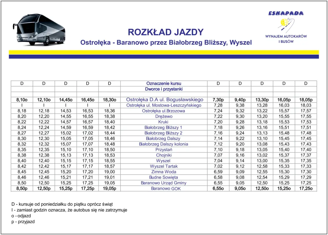 Rozkład jazdy dworzec Ostrołęka - Baranowo przez Białobrzeg Bliższy, Wyszel. Autobusy kursują od poniedziałku do piątku.