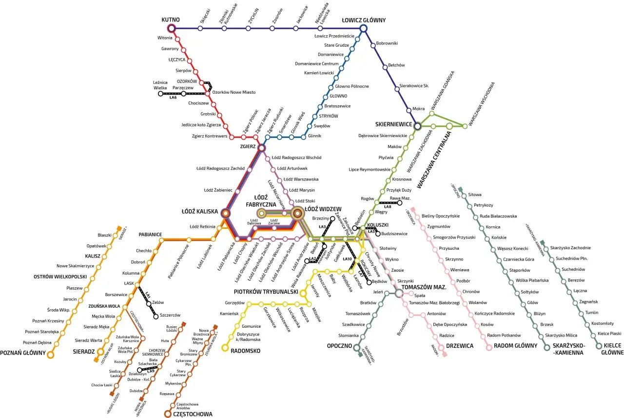 Rozkład jazdy ekspres bus Głowno-Łódź. Mapa linii kolejowych i autobusowych z zaznaczonymi stacjami.
