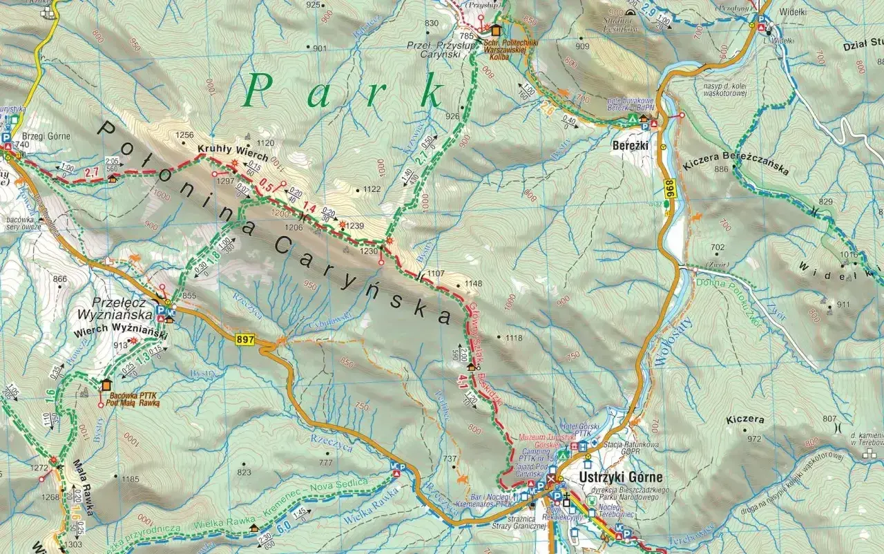 Mapa turystyczna z Krakowa do Ustrzyk Górnych, ukazująca Połoninę Caryńską i szlaki Bieszczad.