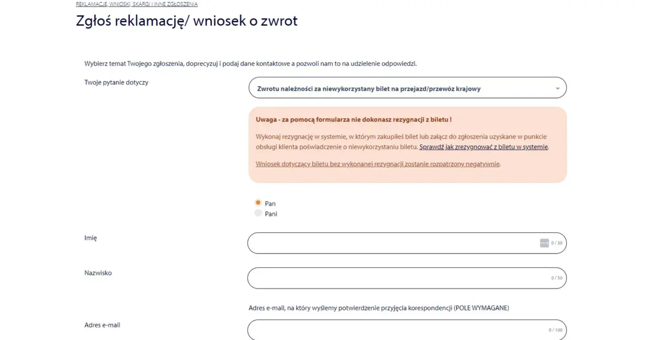 Formularz zgłoszenia reklamacji/wniosku o zwrot biletu InterCity, z polami do wpisania danych.