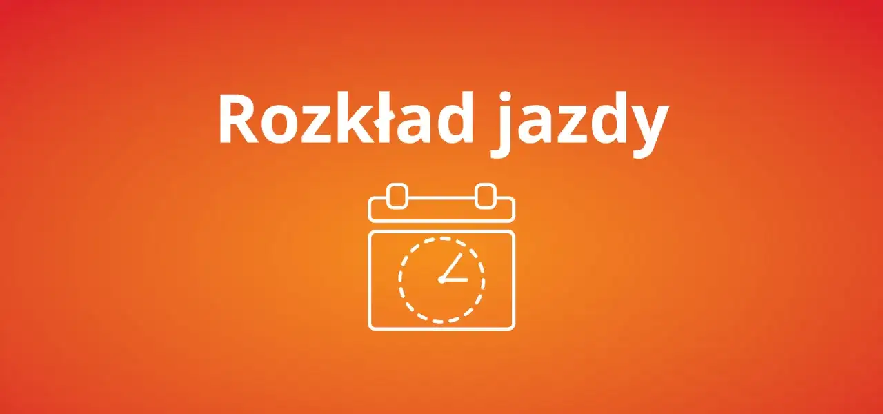 Biały napis "Rozkład jazdy" nad ikoną kalendarza z zegarem. Idealny, gdy zmiana rozkładu jazdy PKP wymaga szybkiego sprawdzenia.