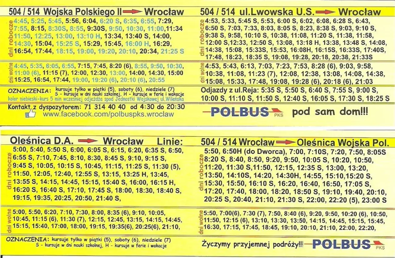 Rozkład jazdy autobusów 504/514 Oleśnica-Wrocław. Sprawdź godziny odjazdów i powrotów.