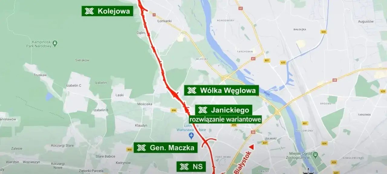 Trasa z Warszawy do Augustowa przez Kampinoski Park Narodowy, z zaznaczonymi punktami Kolejowa, Wólka Węglowa, Janickiego, Gen. Maczka i NS.