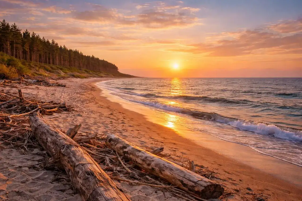 Zachód słońca nad morzem, złota plaża z powalonymi drzewami i lasem w tle. Idealne miejsce na wypoczynek w nadmorskich miejscowościach.