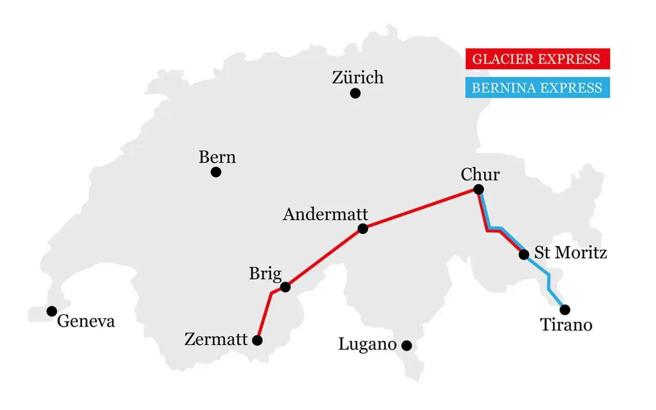 Mapa Szwajcarii z trasami Glacier Express (czerwona) i Bernina Express (niebieska). Poznaj bernina express trasę i ceny, planując podróż przez Alpy.