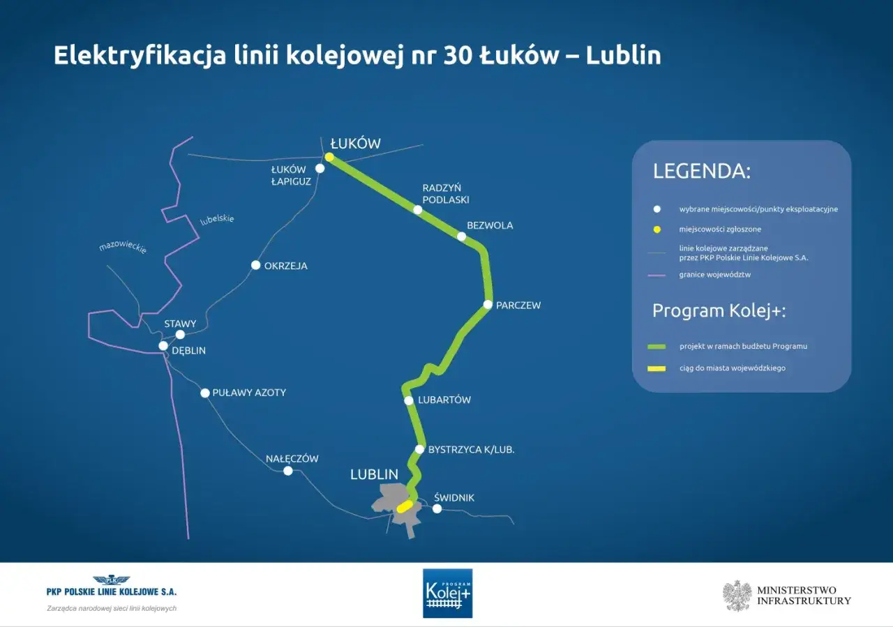 Mapa elektryfikacji linii kolejowej nr 30 Łuków – Lublin. Sprawdź szynobus Parczew Lublin godziny odjazdu na tej trasie.