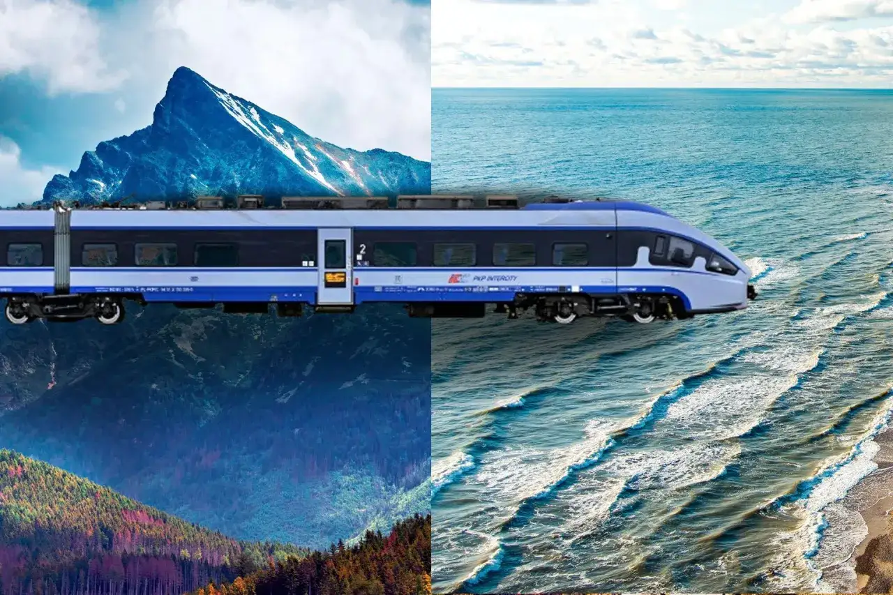 Pociąg PKP Intercity przemierza malownicze krajobrazy – od górskich szczytów po morskie fale.