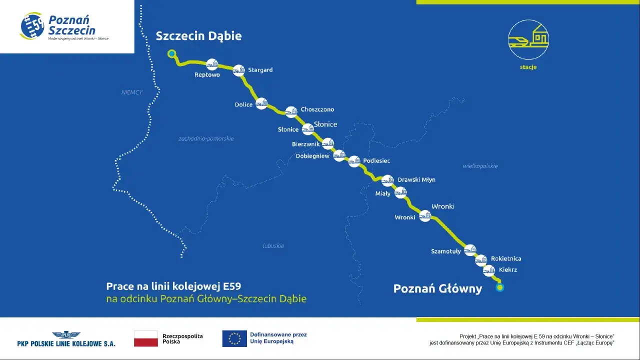 Mapa kolejowa pokazuje trasę E59 od Szczecina Dąbie do Poznania Głównego, z zaznaczonymi stacjami i modernizowanym odcinkiem.