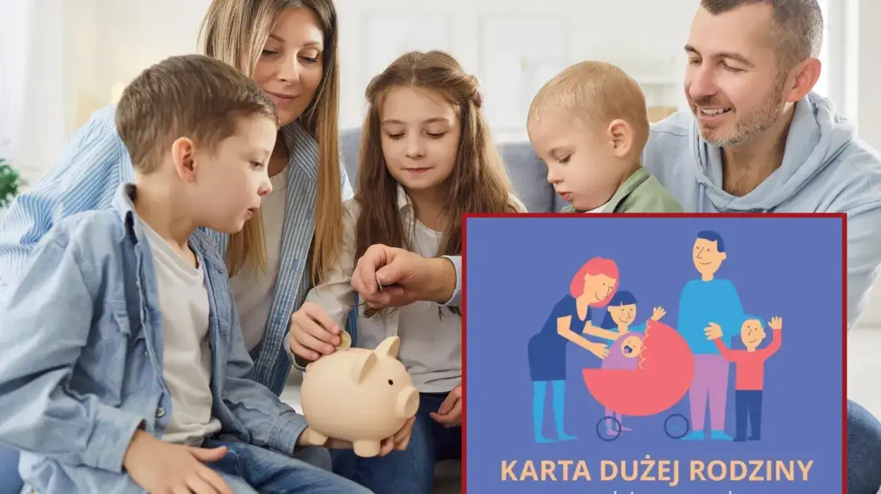 Rodzina oszczędza pieniądze do świnki skarbonki. W rogu grafika z napisem KARTA DUŻEJ RODZINY zniżki.