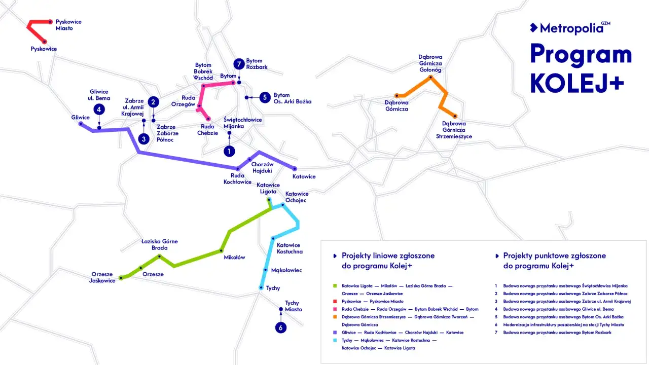 Mapa przedstawia planowane linie kolejowe w ramach programu Kolej+. Zobacz, jak łódź Dąbrowa połączy się z innymi miastami.