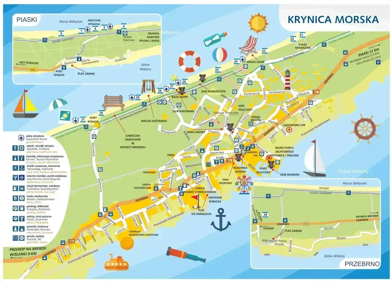 Mapa Krynicy Morskiej z zaznaczonymi atrakcjami, portami i ścieżkami. Widać tu m.in. plaże, latarnię morską, park linowy i miejsca do wypoczynku. Brak tu jednak informacji o krynica morska pociąg.