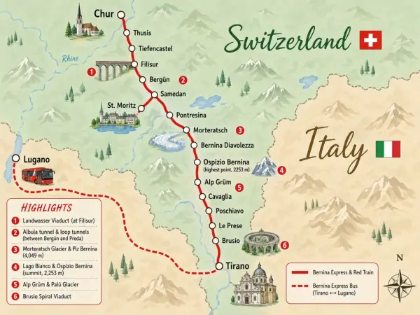 Mapa trasy Bernina Express: od Chur do Tirano, z opcją autobusu do Lugano. Poznaj atrakcje i zaplanuj podróż.