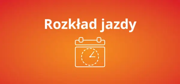 Biały napis "Rozkład jazdy" nad ikoną kalendarza z zegarem. Idealny, gdy zmiana rozkładu jazdy PKP wymaga szybkiego sprawdzenia.
