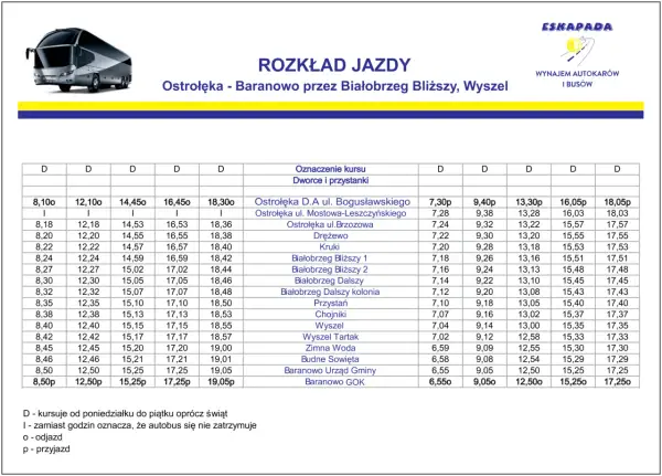 Rozkład jazdy dworzec Ostrołęka - Baranowo przez Białobrzeg Bliższy, Wyszel. Autobusy kursują od poniedziałku do piątku.