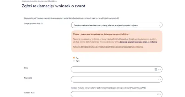 Formularz zgłoszenia reklamacji/wniosku o zwrot biletu InterCity, z polami do wpisania danych.